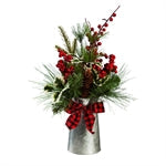 16'' High Pinecone and Holly Berries in Galvanized Watering Can Tabletop Décor
