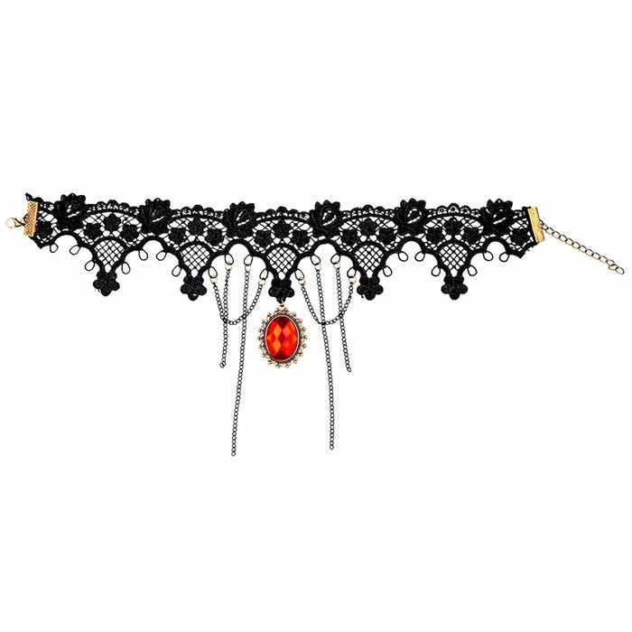 Black lace necklace with chains and a large red costume jewel