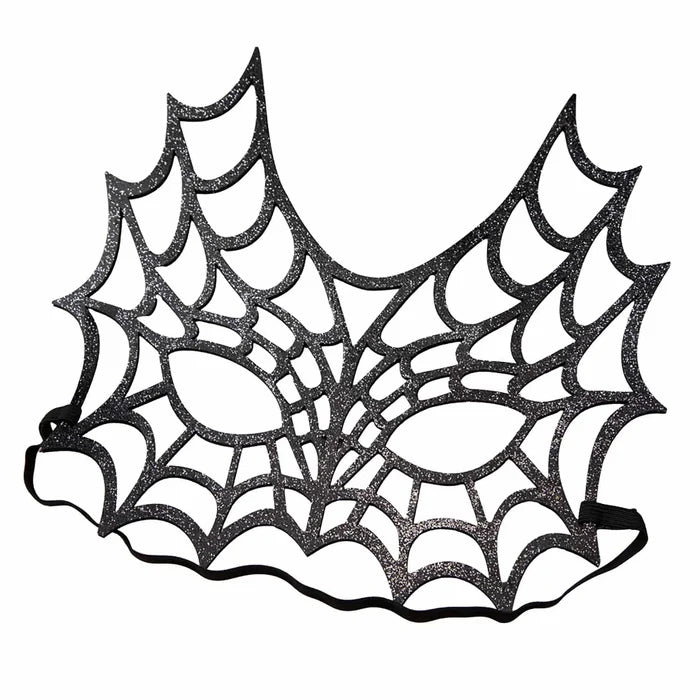 Black glitter spider web mask with black elastic strap to secure around your head