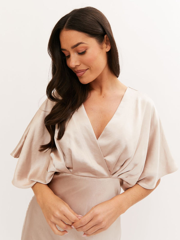 Angel Sleeve Maxi Satin Dress / Champagne - Style Cheat