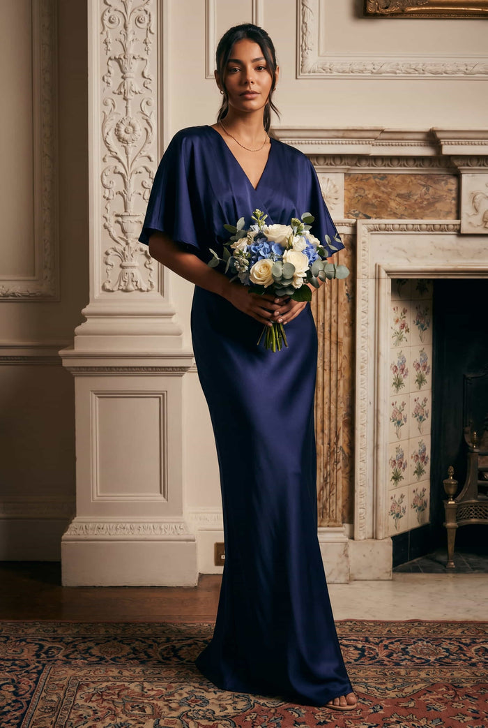 Angel Sleeve Maxi Satin Dress / Navy