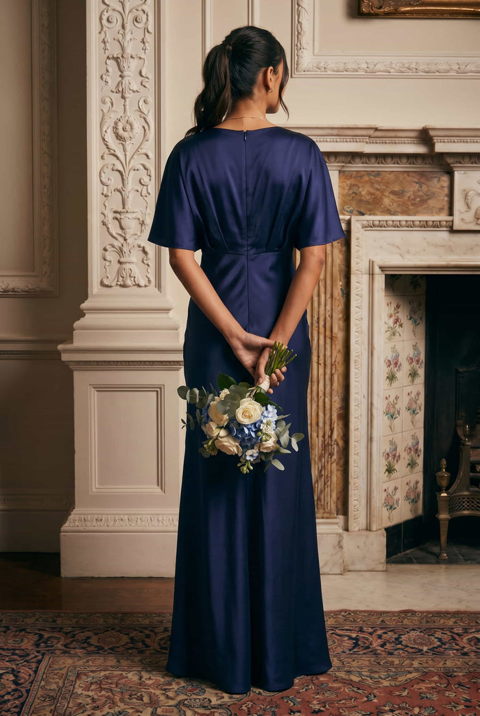 Angel Sleeve Maxi Satin Dress / Navy