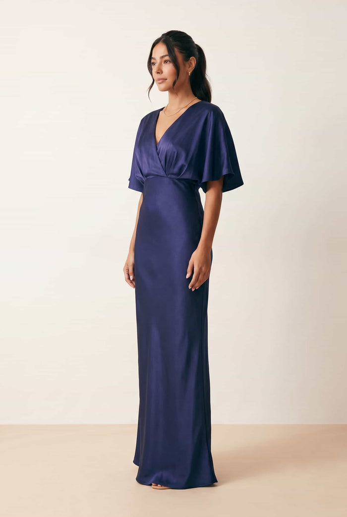 Angel Sleeve Maxi Satin Dress / Navy