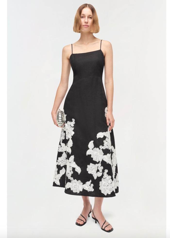 Annabella Soutache Linen Midi Dress (Black Multi)