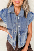 Ashleigh Blue Acid Wash Elastic Hem Button Up Denim Vest - S / 75% Cotton + 25% Polyester - Outerwear/Vests