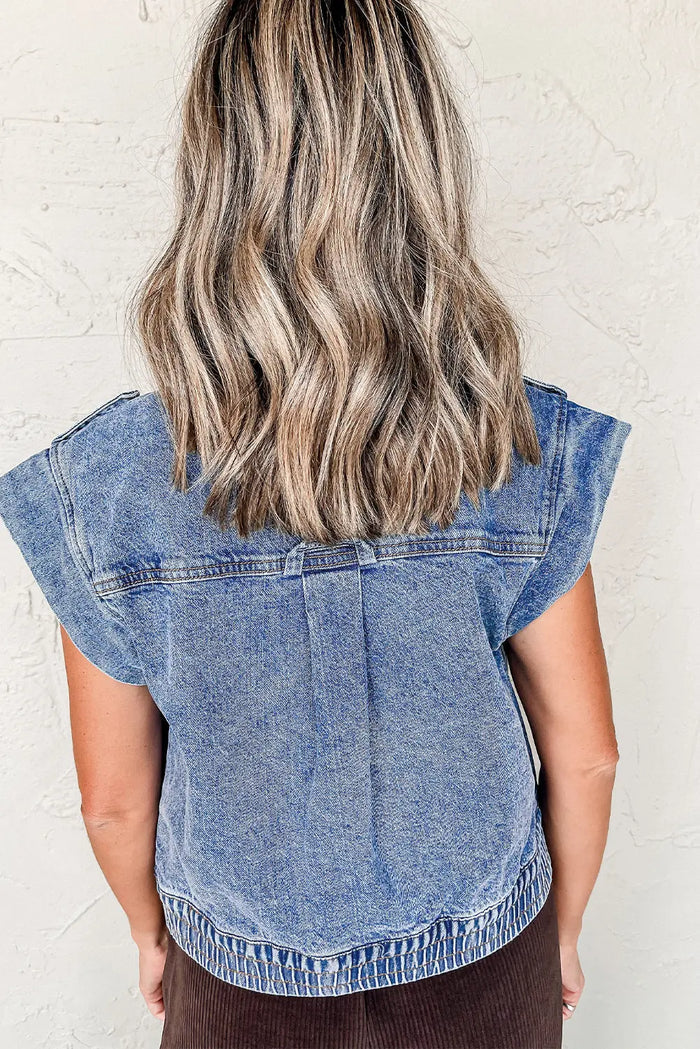 Ashleigh Blue Acid Wash Elastic Hem Button Up Denim Vest - Outerwear/Vests