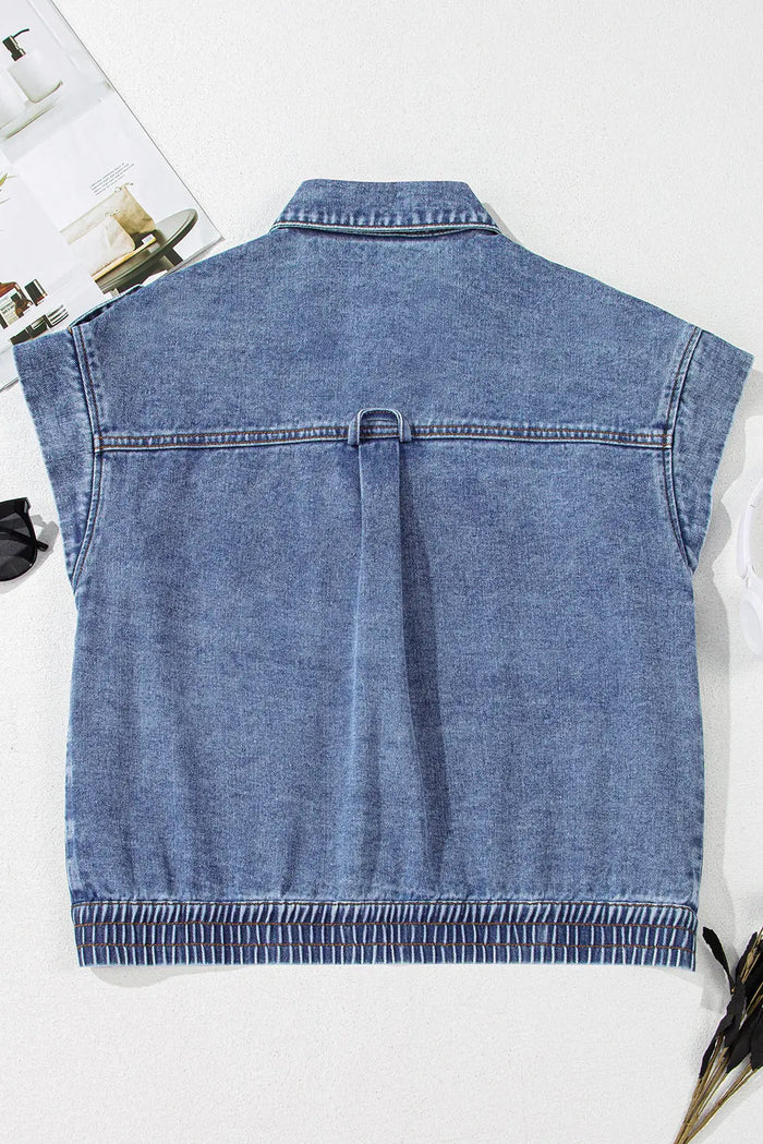Ashleigh Blue Acid Wash Elastic Hem Button Up Denim Vest - Outerwear/Vests