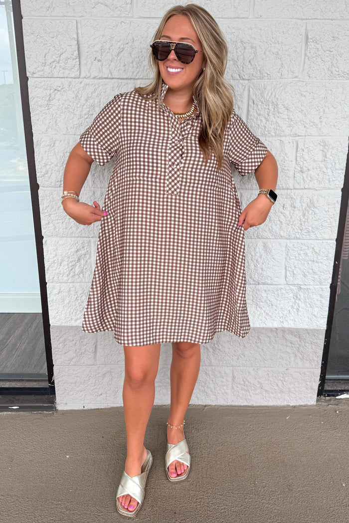 brown and cream gingham checkered print short sleeve button front bodice relaxed silhouette dress