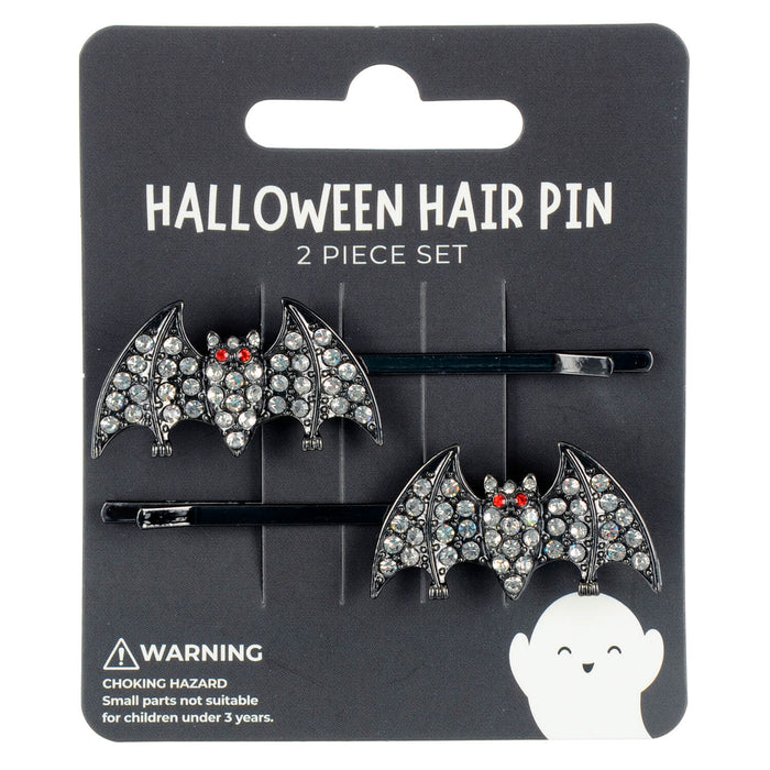 Halloween hair pin set with bat designs on a black card packaging.