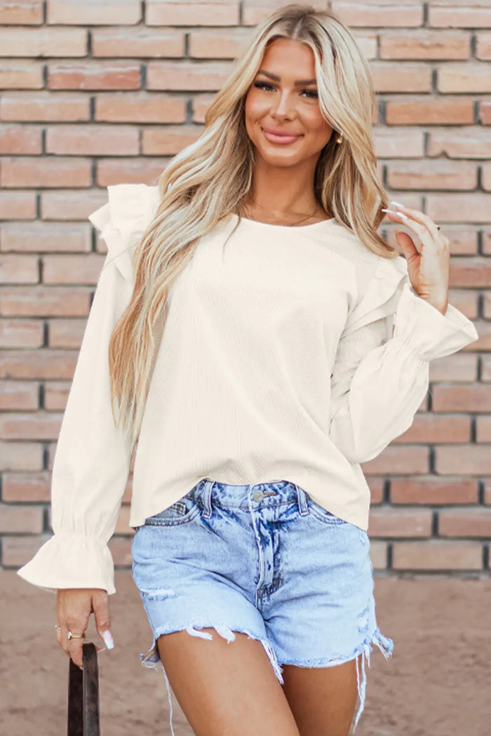 Beige Ruffled Flounce Sleeve Corduroy Blouse - S / 100% Polyester - Tops/Blouses & Shirts