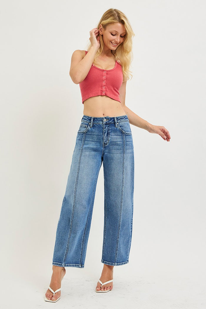 Risen jeans slouchy crop barrel jeans with seamed details in medium wash also in plus sizes