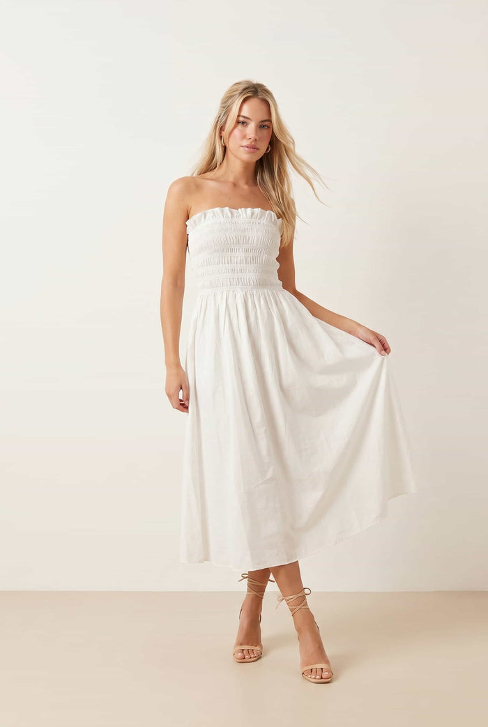 Betty Cotton Shirred Bandeau Dress in White