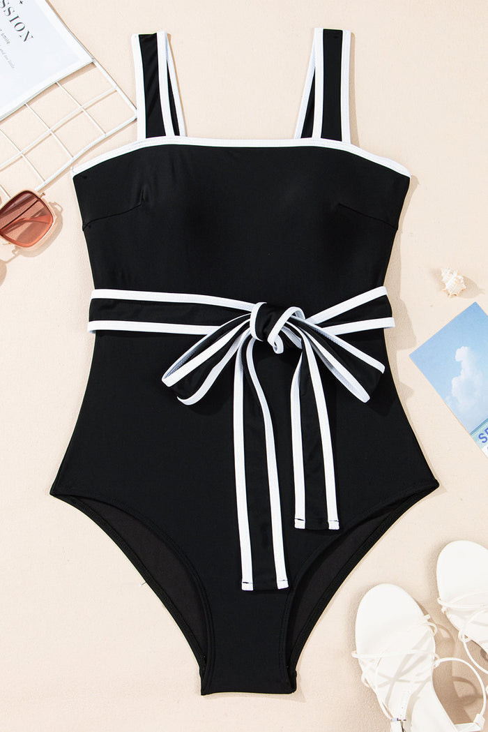 Black Colourblock Edge Belted One Piece Swimsuit - Swimwear/One