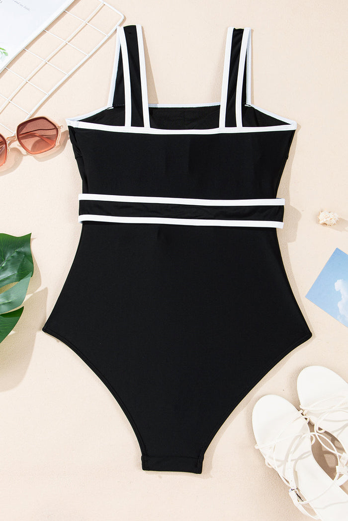 Black Colourblock Edge Belted One Piece Swimsuit - Swimwear/One