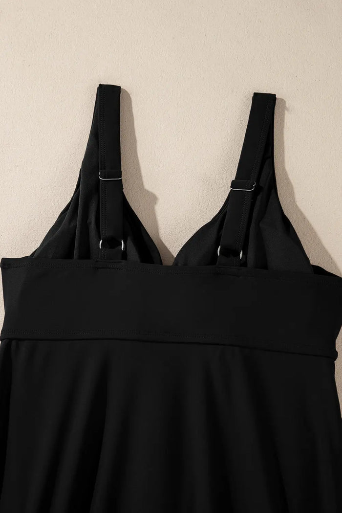 Black Crossed V Neck Adjustable Strap Babydoll Tankini Top - Swimwear/Swim Tops