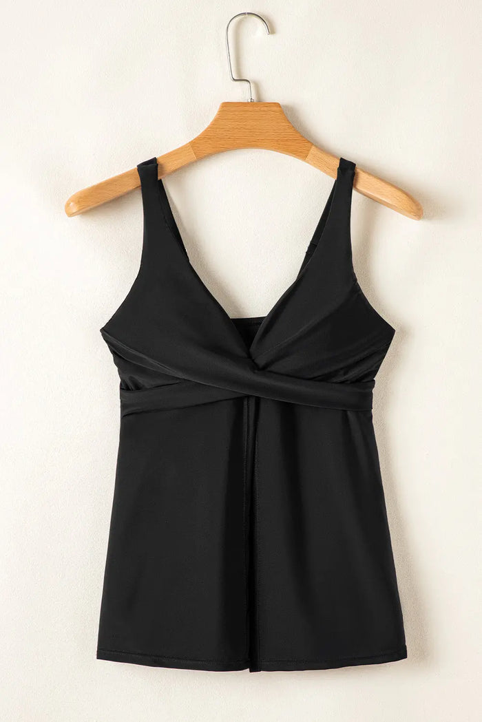 Black Crossed V Neck Adjustable Strap Babydoll Tankini Top - Swimwear/Swim Tops