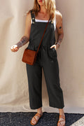 Black Drawstring Buttoned Straps Cropped Overall - BLACK / S / 50% VISCOSE + 30% LINEN + 17% POLYESTER + 3% COTTON