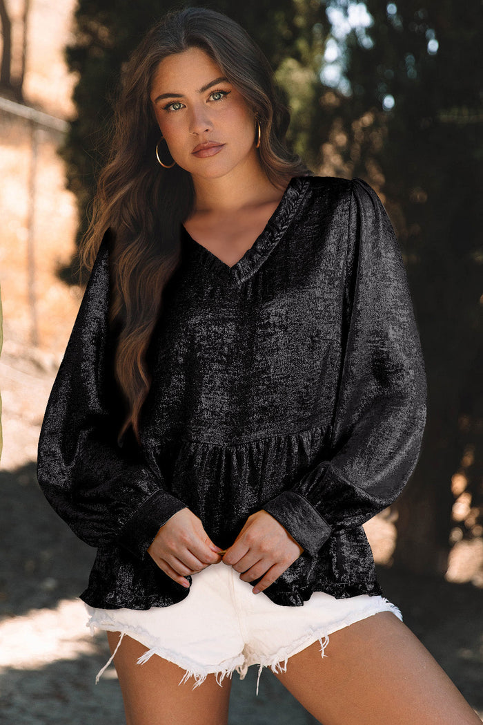 Black Metallic Frilled V Neck Puff Sleeve Babydoll Blouse - BLACK / S / 100% POLYESTER - Tops/Blouses & Shirts