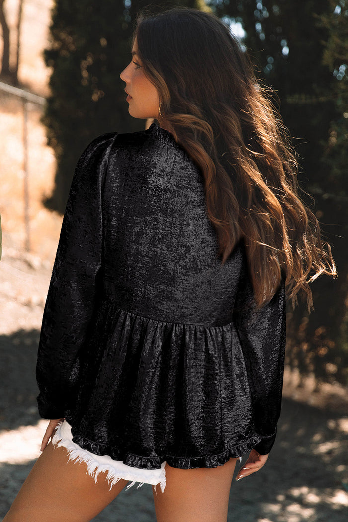 Black Metallic Frilled V Neck Puff Sleeve Babydoll Blouse - Tops/Blouses & Shirts