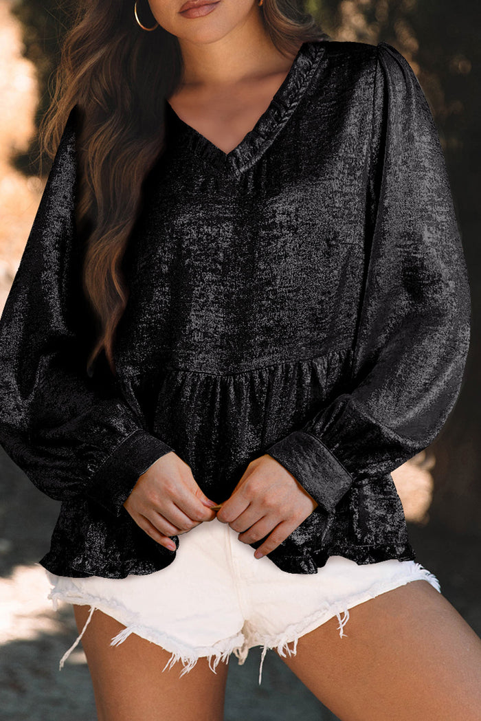 Black Metallic Frilled V Neck Puff Sleeve Babydoll Blouse - Tops/Blouses & Shirts