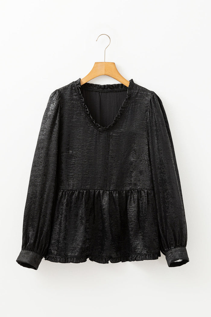 Black Metallic Frilled V Neck Puff Sleeve Babydoll Blouse - Tops/Blouses & Shirts