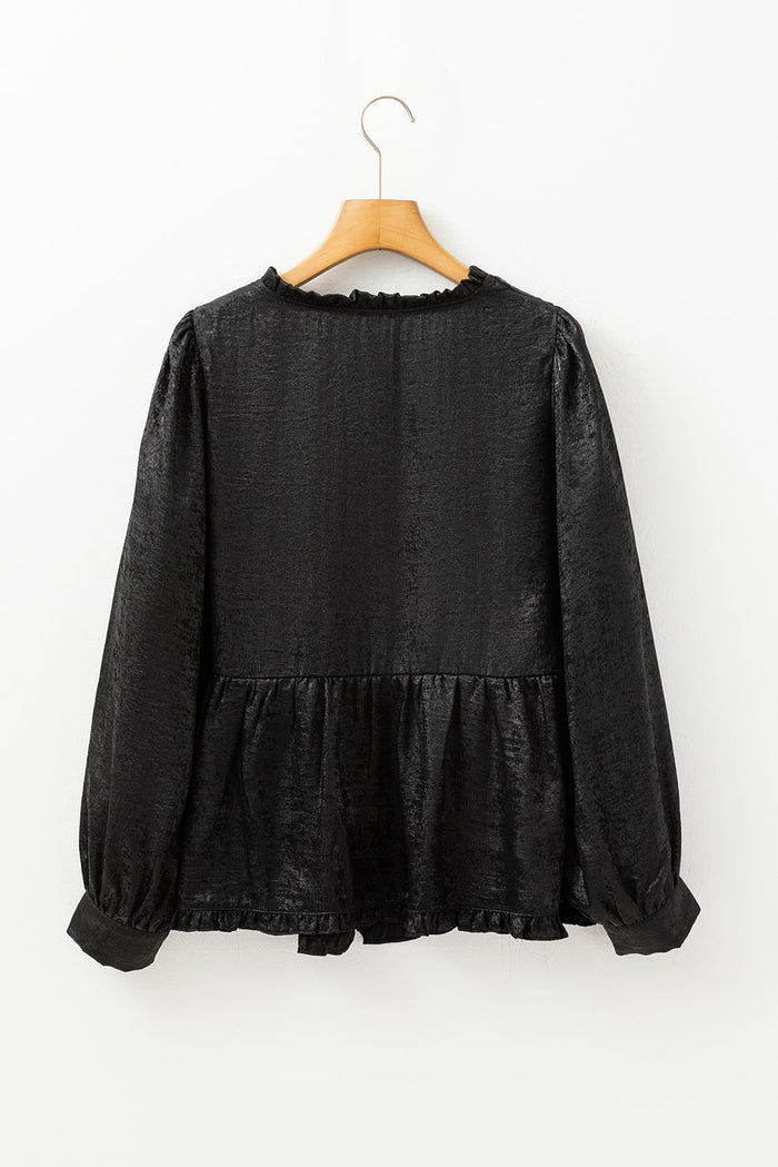 Black Metallic Frilled V Neck Puff Sleeve Babydoll Blouse - Tops/Blouses & Shirts