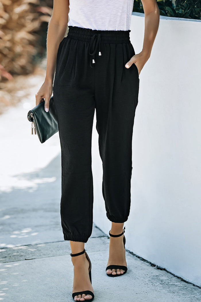Black Solid Colour Drawstring Smocked Waist Joggers - BLACK / S / 100% POLYESTER - Bottoms/Joggers