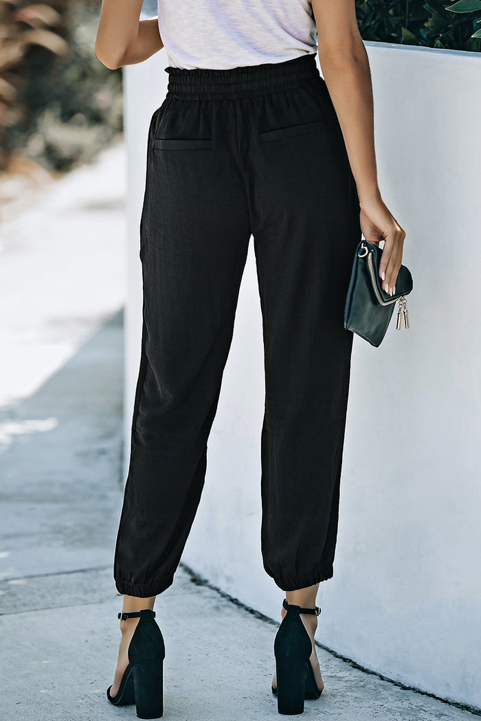 Black Solid Colour Drawstring Smocked Waist Joggers - Bottoms/Joggers