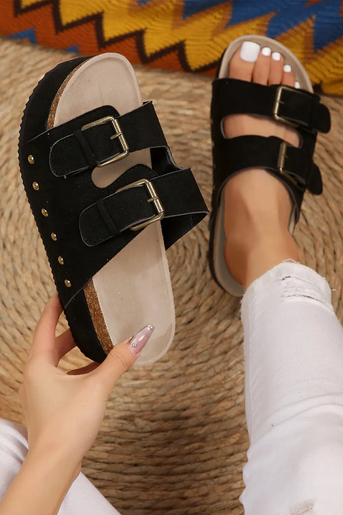 Black Suede Buckle Decor Footbed Sandal Sandals - Shoes/Sandals