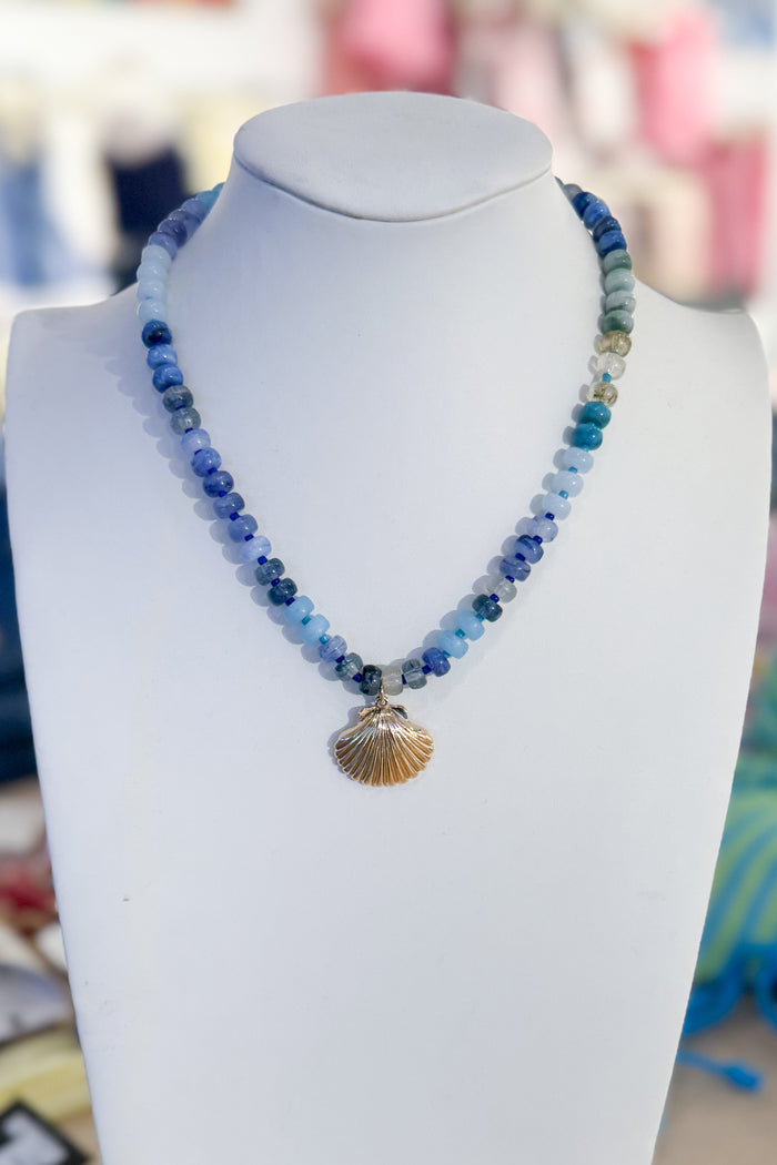 Blue Beaded Gold Shell Necklace