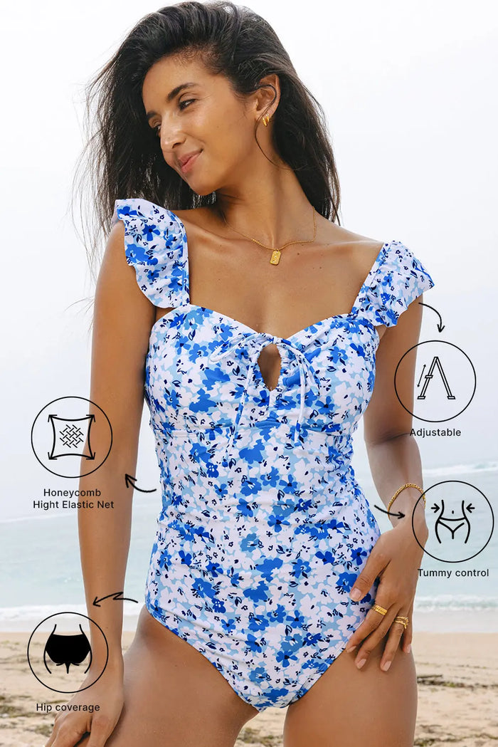 Blue Floral Ruffled Strap Lace-up Hollow Out One Piece Swimsuit - Swimwear/One