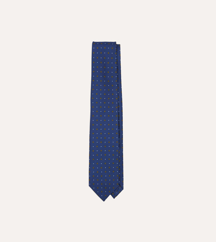 Blue Square Flowers Print Silk Self Tipped Tie