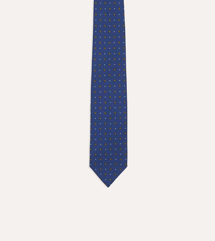 Blue Square Flowers Print Silk Self Tipped Tie