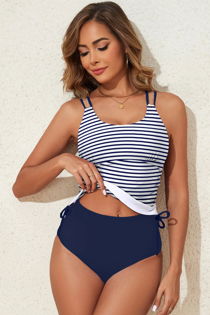 Blue Stripe Drawstring Tummy Control Mix-and-match 2pcs Tankini Swimsuit - Swimwear/Tankinis