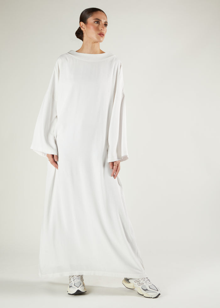 Boat Neck Abaya Off White