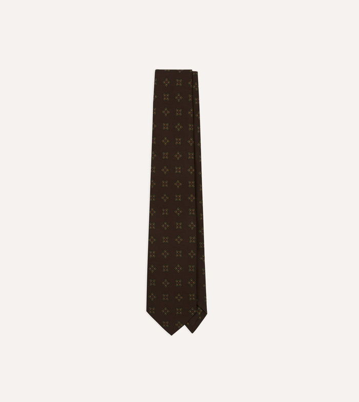 Brown Flower Medallion Print Wool-Silk Self Tipped Tie