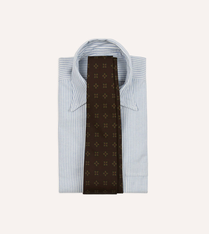 Brown Flower Medallion Print Wool-Silk Self Tipped Tie