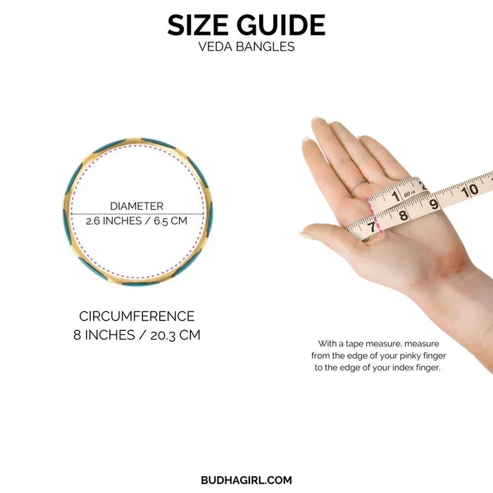 size chart  showing 21/2" diameter for Budhagirl Veda bangle bracelets in yellow,white and gold