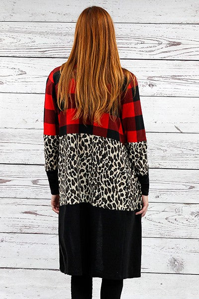 Buffalo Plaid and Leopard Cardigan with Pockets