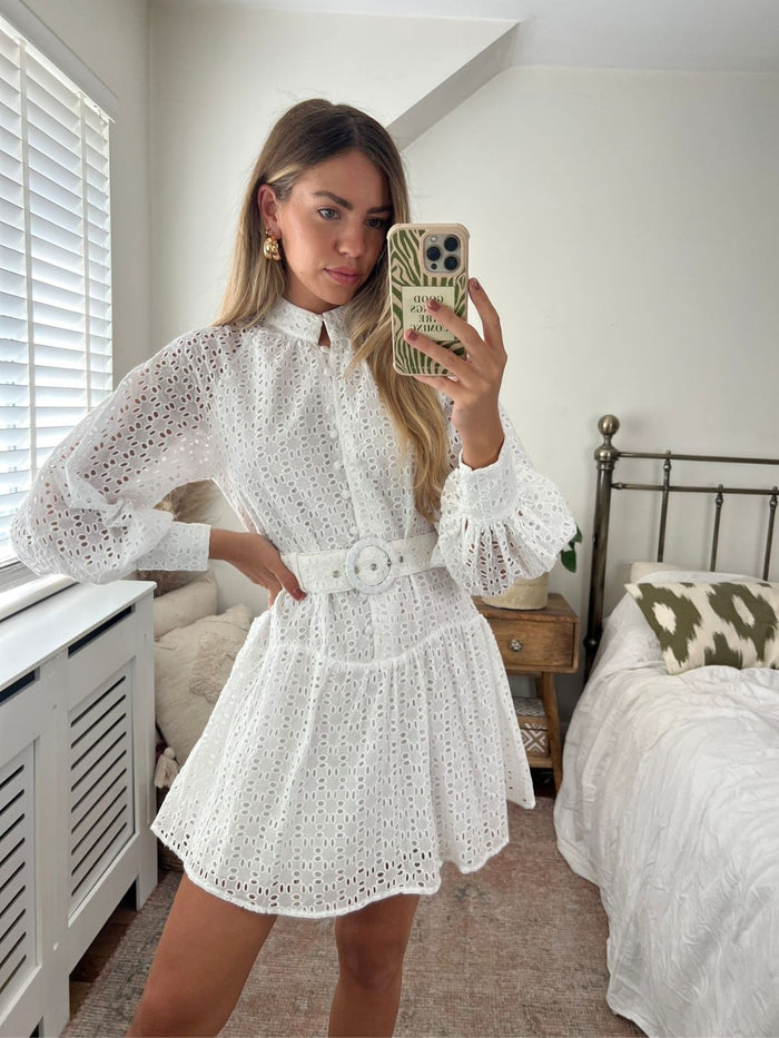 Carmen Broderie Mini Dress in White - Style Cheat