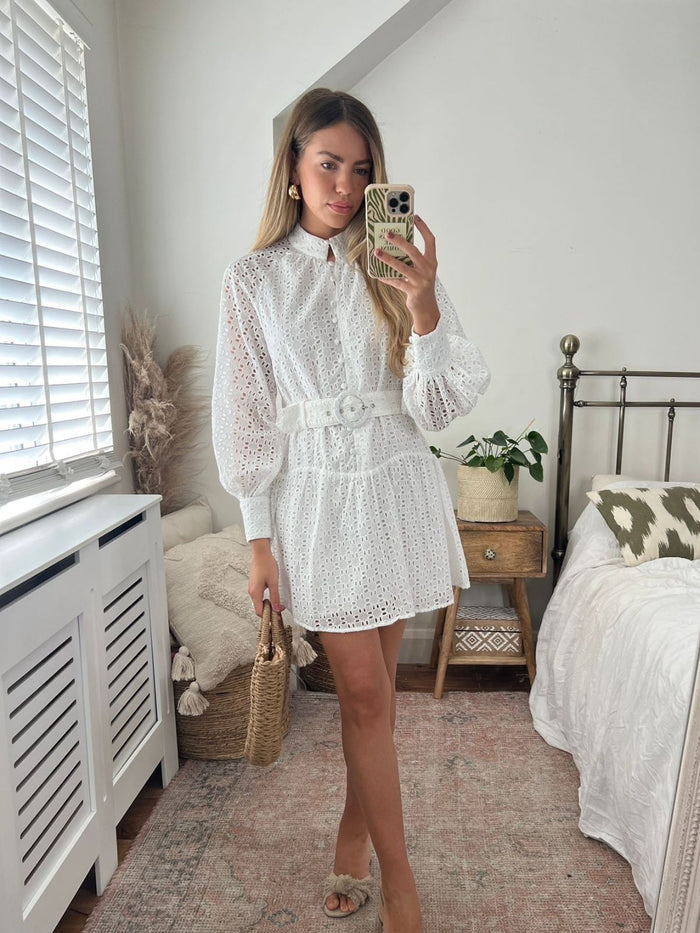 Carmen Broderie Mini Dress in White - Style Cheat