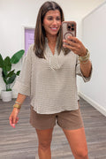 brown and cream gingham checkered print half sleeve v neckline top