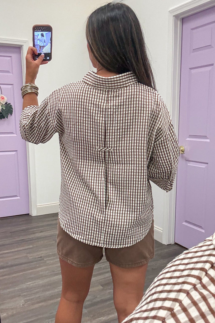 brown and cream gingham checkered print half sleeve v neckline lightweight textured top