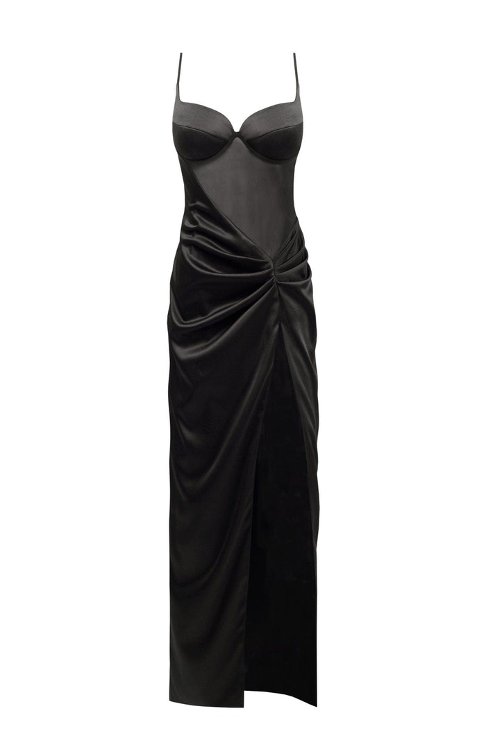 Chic satin maxi dress with semi-transparent bodice - Milla