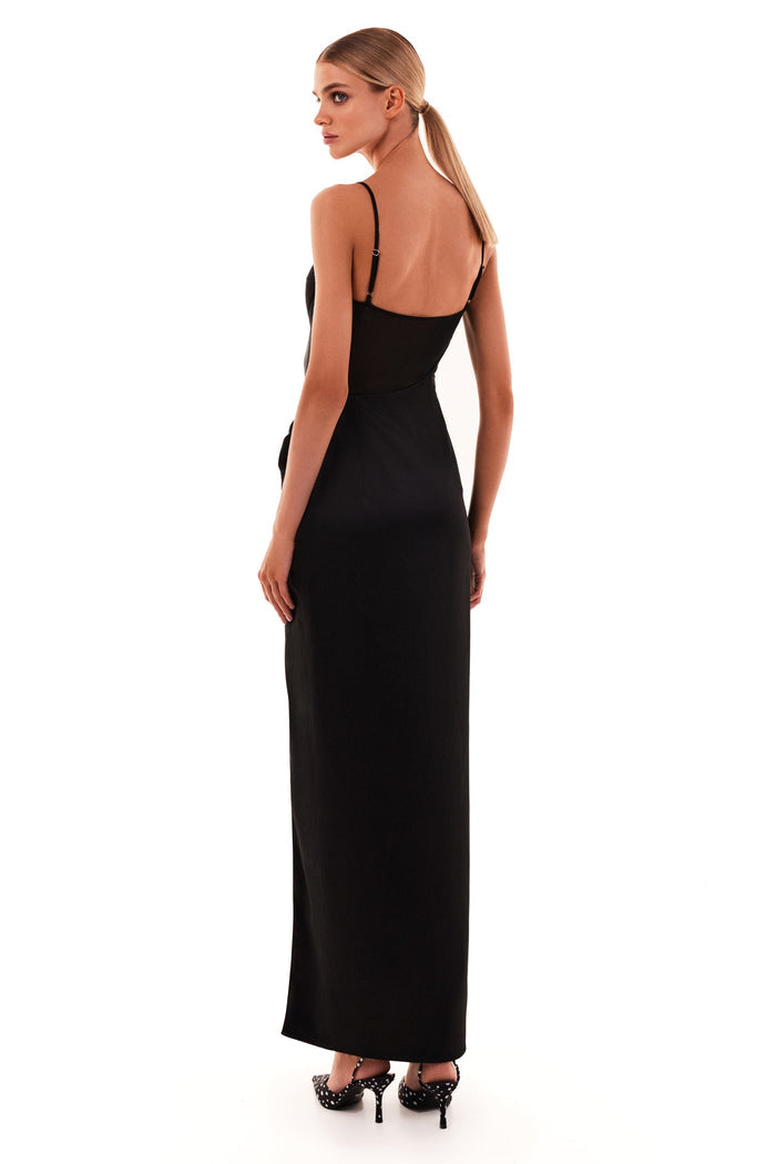 Chic satin maxi dress with semi-transparent bodice