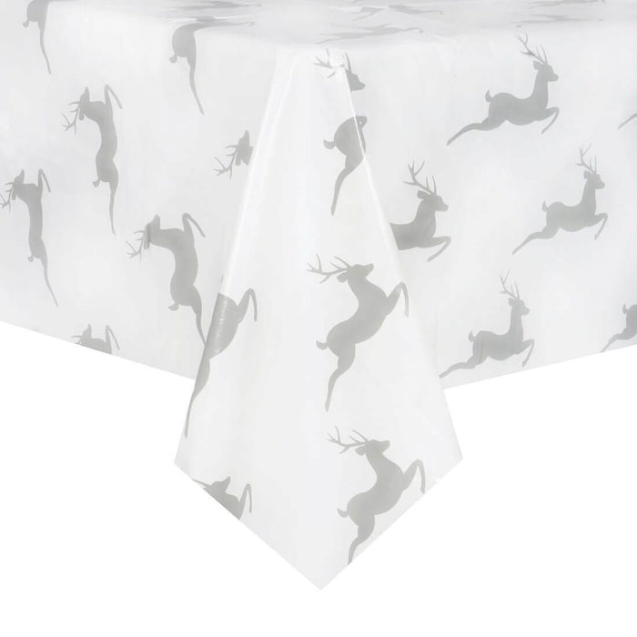 Christmas Tablecloth PVC Wipe Clean Xmas Table Cover Reindeer - White