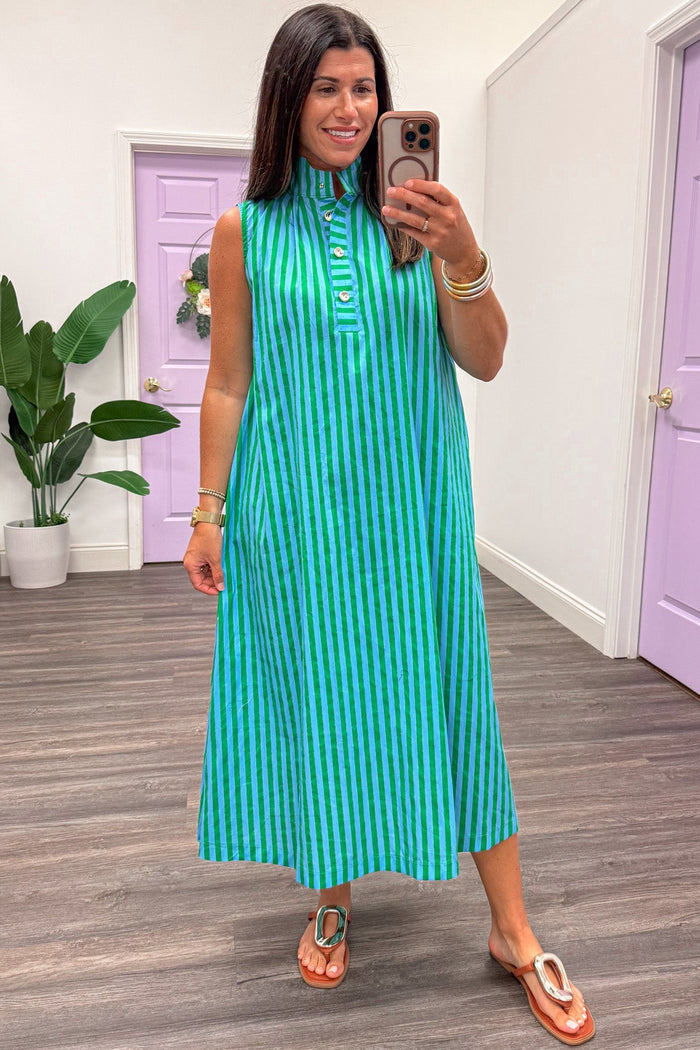 green and light blue striped with gold decorative bodice buttons sleeveless midi dress