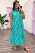 green and light blue striped with gold decorative bodice buttons sleeveless midi dress