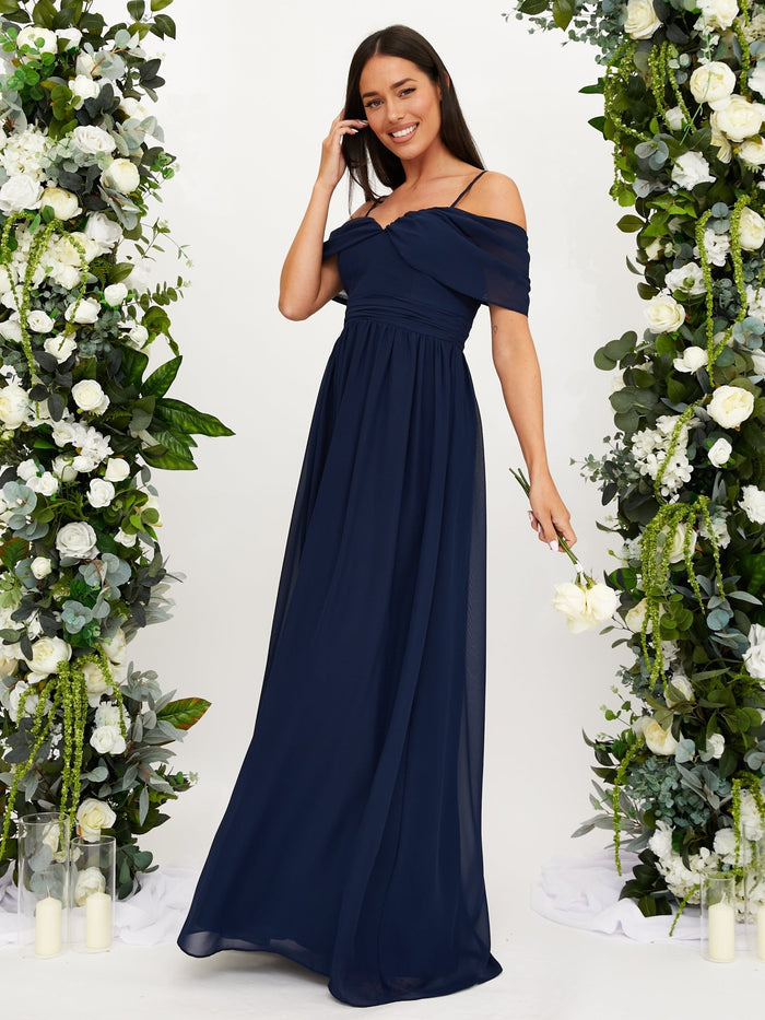 Cold Shoulder Maxi Chiffon Dress / Navy - Style Cheat