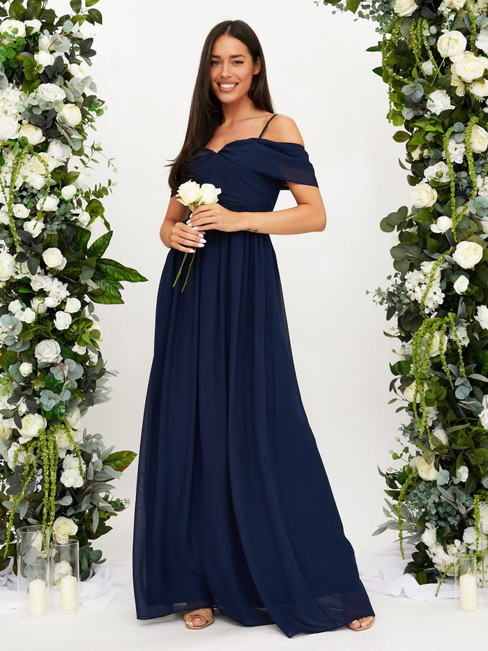 Cold Shoulder Maxi Chiffon Dress / Navy - Style Cheat